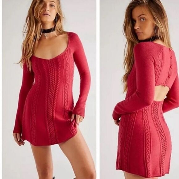 Free People Dresses & Skirts - Free People Small World Cable Knit Cranberry Red Mini Sweater Dress Size Lg